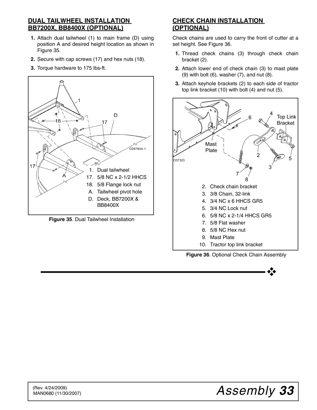 Woods Equipment MAN0680 manual Dual Tailwheel Installation BB7200X, BB8400X Optional, Check Chain Installation Optional 