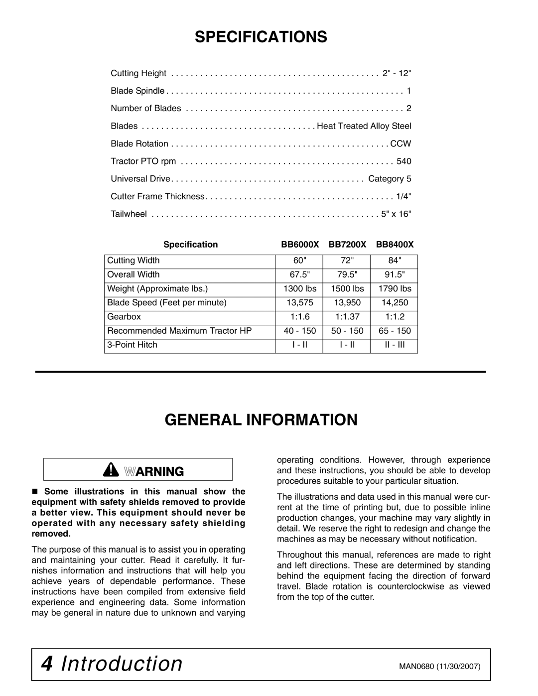 Woods Equipment MAN0680, BB7200X, BB8400X, BB6000X manual Specifications, General Information 