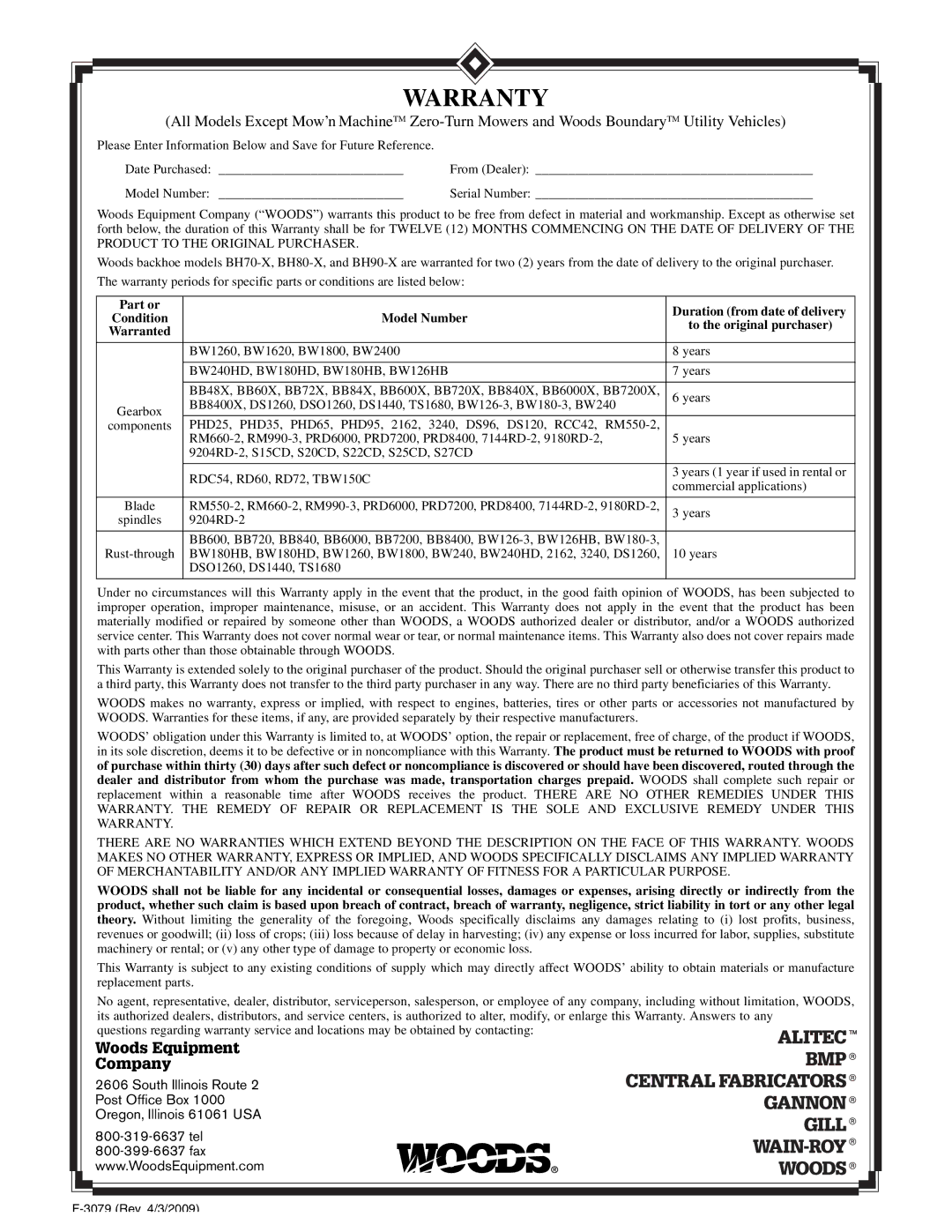 Woods Equipment MAN0680, BB7200X, BB8400X, BB6000X manual Warranty 