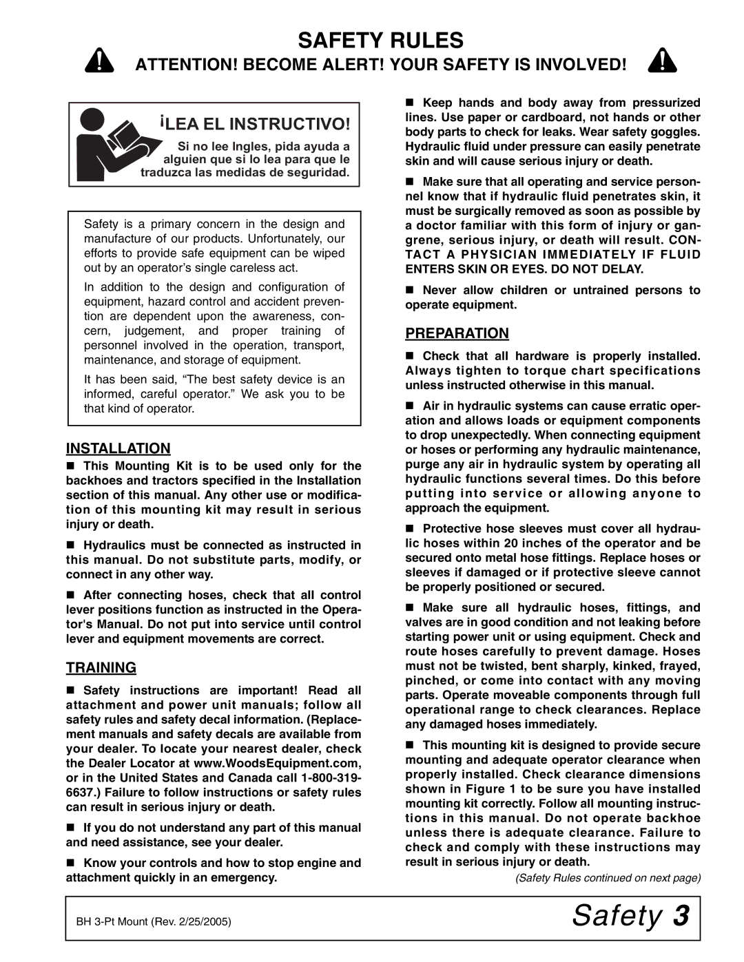 Woods Equipment MANO472, BH80X, BH70X manual Safety Rules, Installation, Training, Preparation 