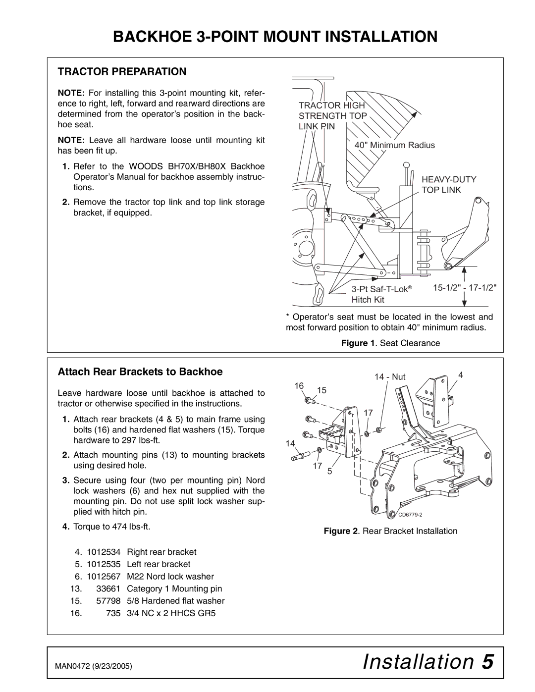 Woods Equipment BH70X, BH80X Backhoe 3-POINT Mount Installation, Tractor Preparation, Attach Rear Brackets to Backhoe 