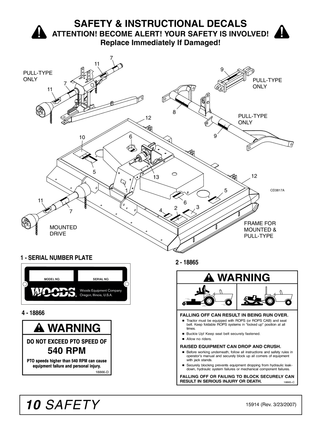 Woods Equipment MD80-2 manual Safety & Instructional Decals, Serial Number Plate 