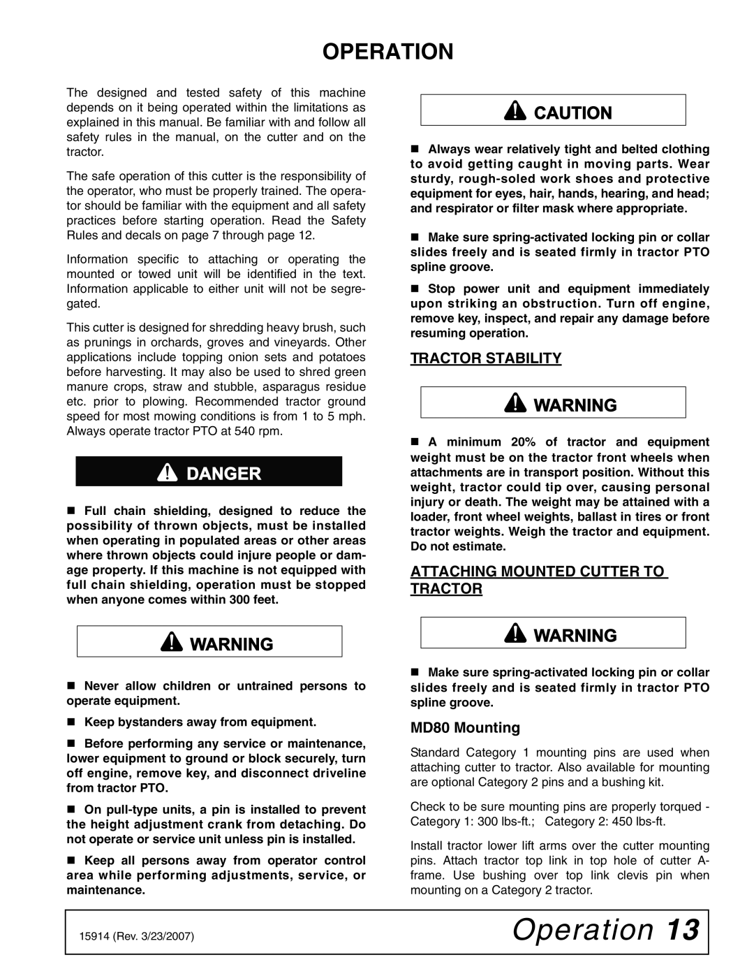 Woods Equipment MD80-2 manual Operation, Tractor Stability, Attaching Mounted Cutter to Tractor, MD80 Mounting 