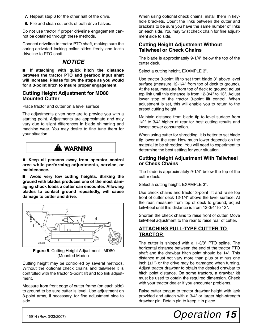 Woods Equipment MD80-2 manual Cutting Height Adjustment for MD80 Mounted Cutter, Attaching PULL-TYPE Cutter to Tractor 