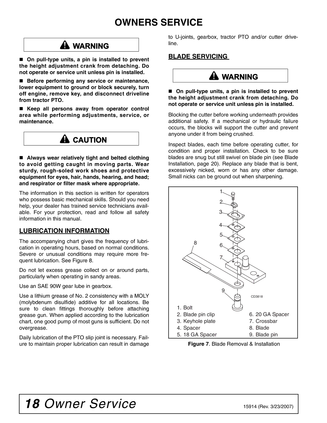 Woods Equipment MD80-2 manual Owner Service, Owners Service, Lubrication Information, Blade Servicing 