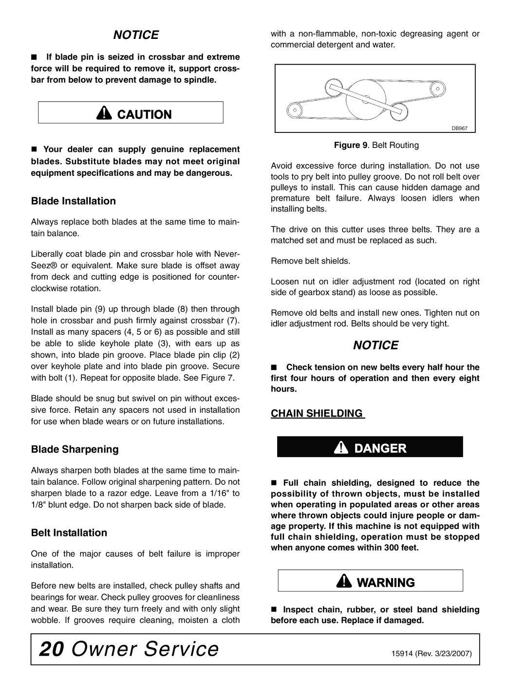 Woods Equipment MD80-2 manual Blade Installation, Blade Sharpening, Belt Installation, Chain Shielding 