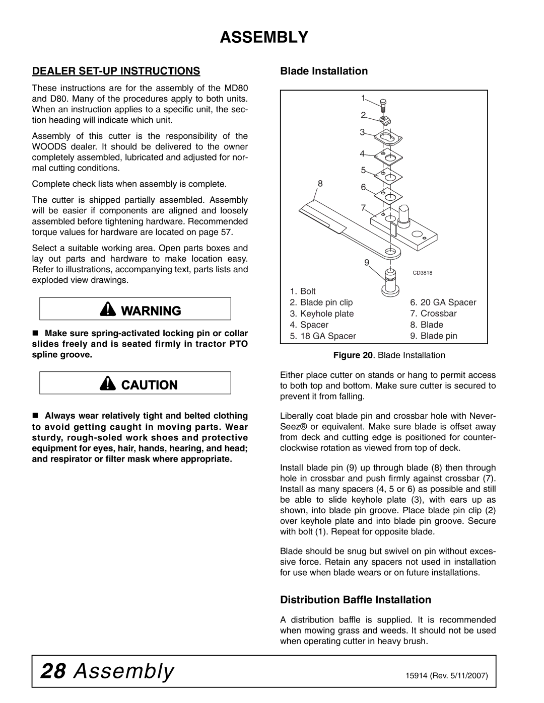 Woods Equipment MD80-2 manual Assembly, Dealer SET-UP Instructions, Distribution Baffle Installation 