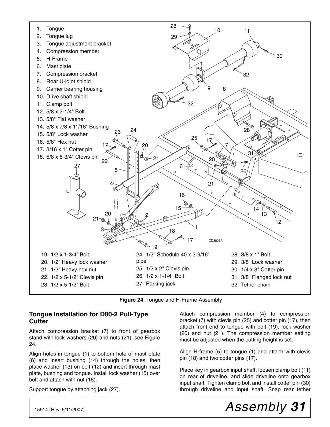 Woods Equipment MD80-2 manual Tongue Installation for D80-2 Pull-Type Cutter, Tongue and H-Frame Assembly 