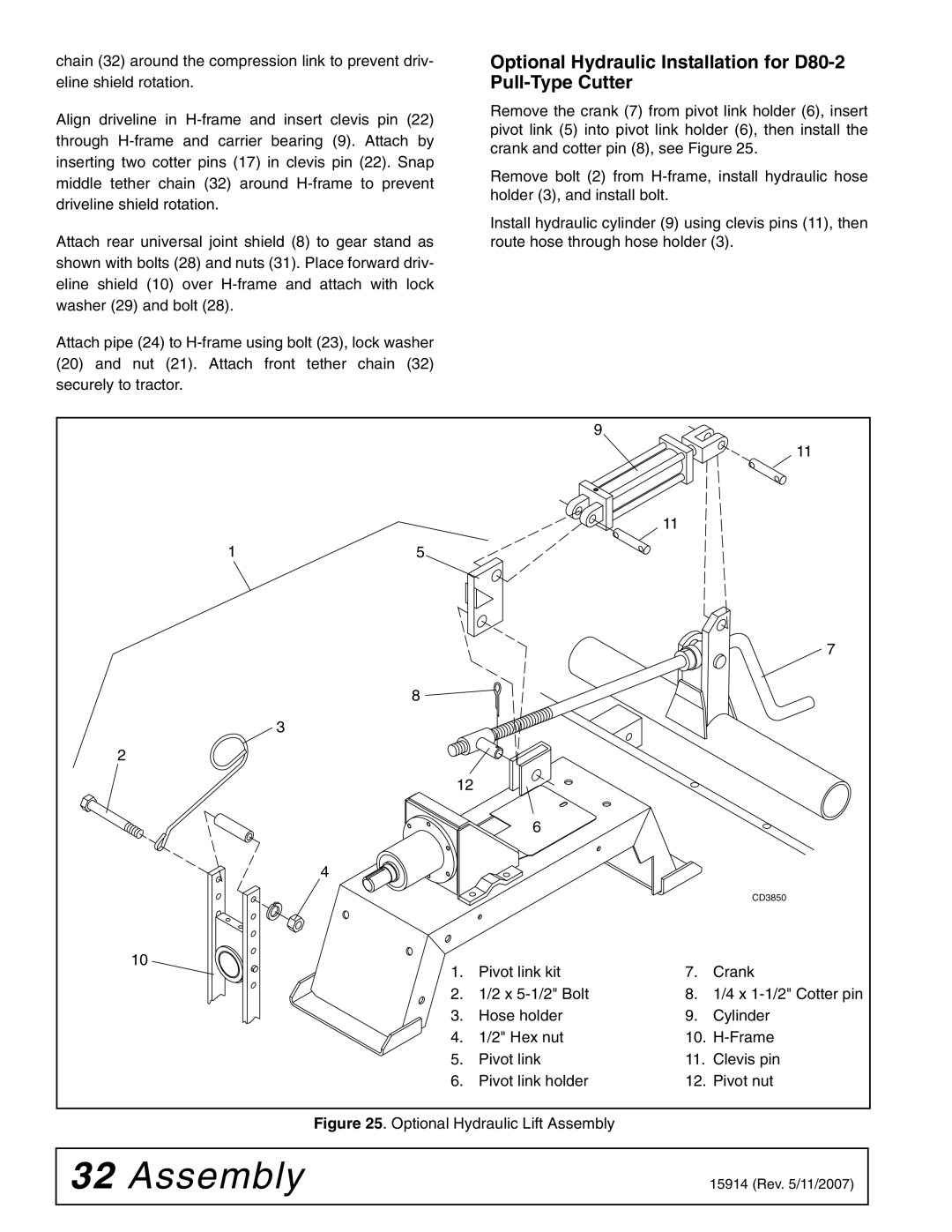 Woods Equipment MD80-2 manual Optional Hydraulic Installation for D80-2 Pull-Type Cutter, Optional Hydraulic Lift Assembly 