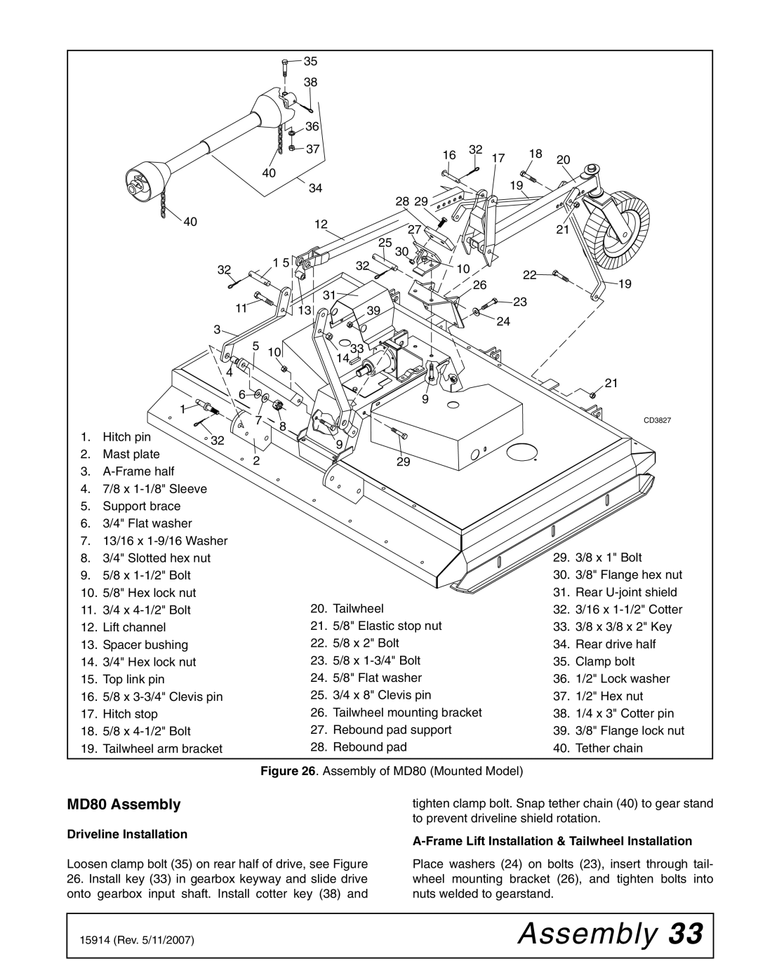 Woods Equipment MD80-2 manual MD80 Assembly, Driveline Installation 