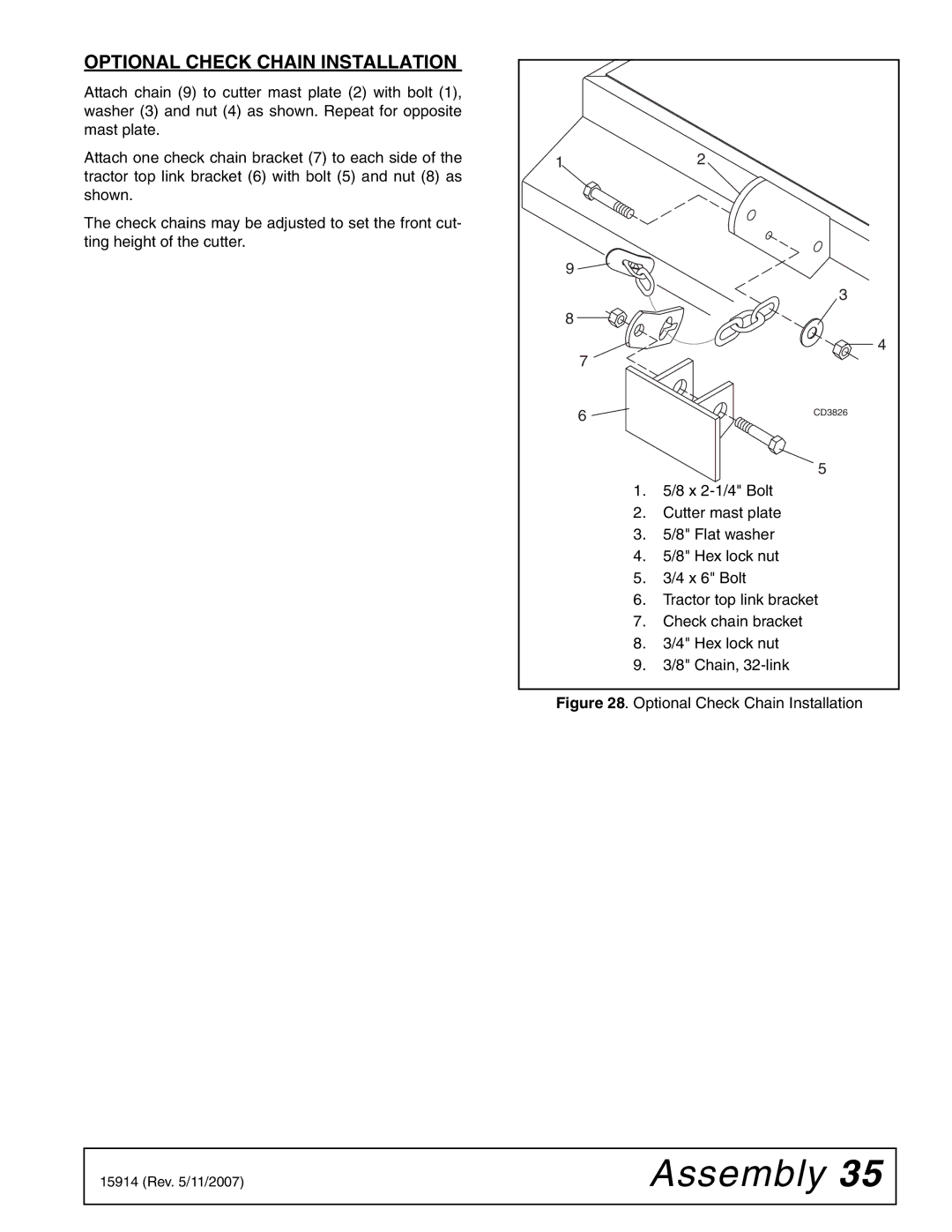 Woods Equipment MD80-2 manual Optional Check Chain Installation 