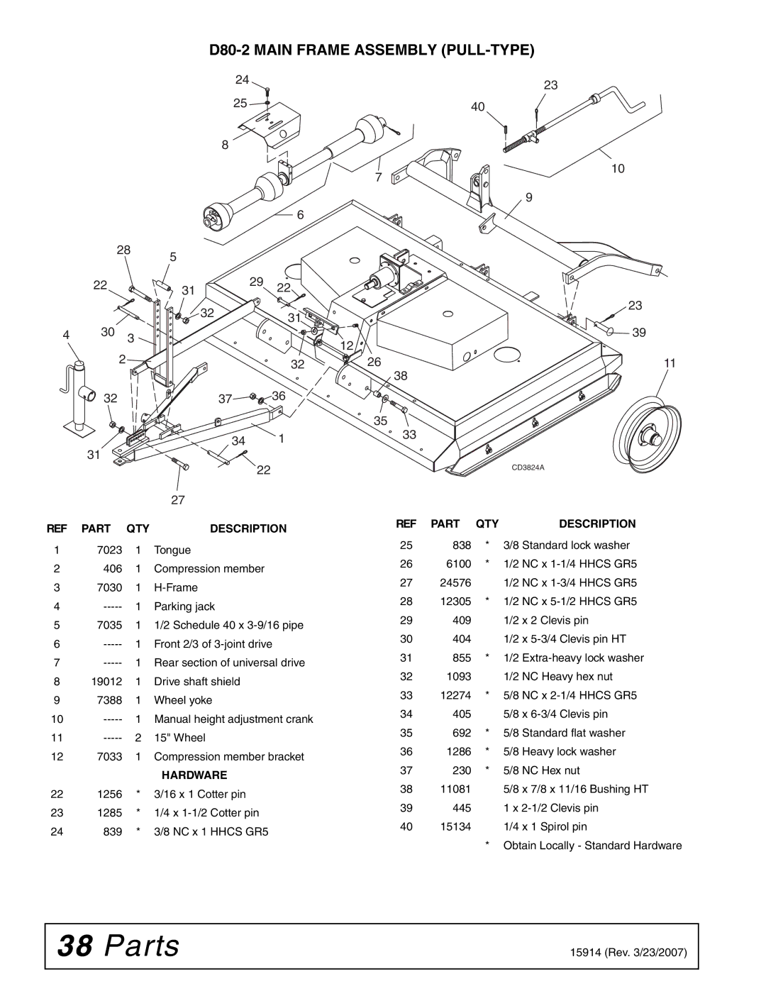 Woods Equipment MD80-2 manual D80-2 Main Frame Assembly PULL-TYPE, Part QTY Description 