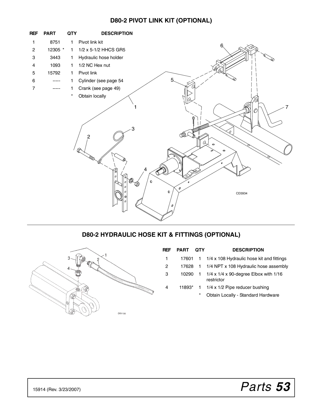 Woods Equipment MD80-2 manual D80-2 Pivot Link KIT Optional, D80-2 Hydraulic Hose KIT & Fittings Optional 