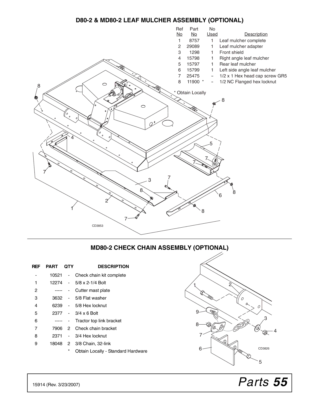 Woods Equipment manual D80-2 & MD80-2 Leaf Mulcher Assembly Optional, MD80-2 Check Chain Assembly Optional 