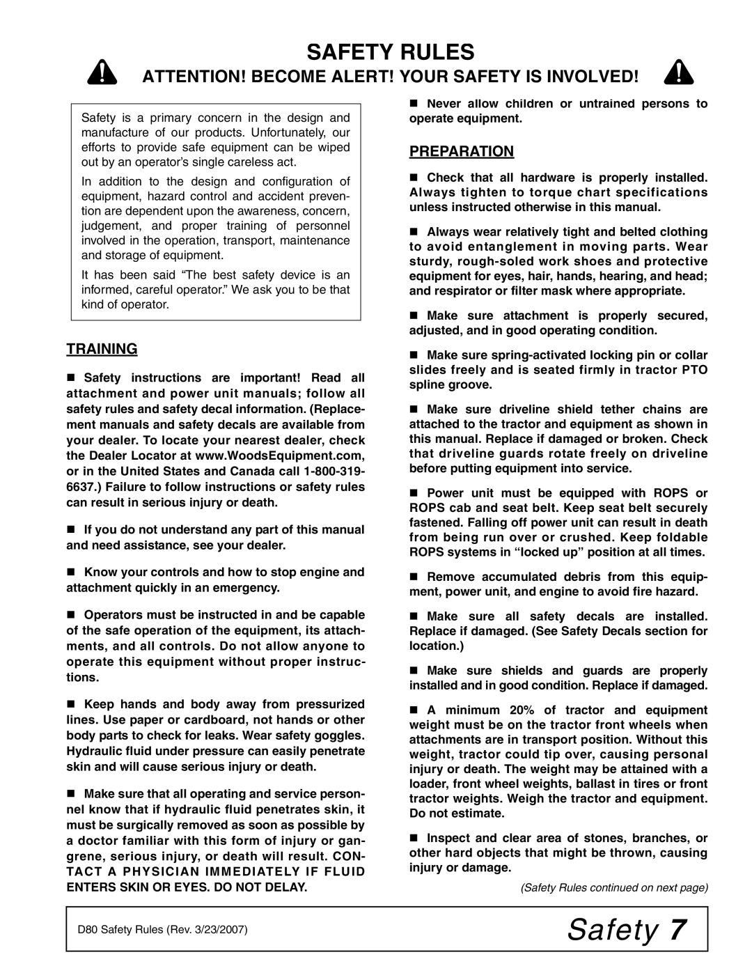 Woods Equipment MD80-2 manual Safety Rules, Preparation, Training 