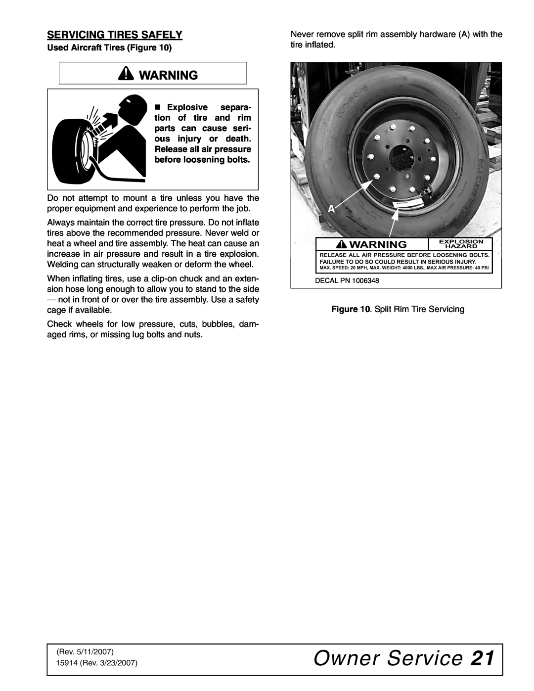 Woods Equipment MD80-2 manual Owner Service, Servicing Tires Safely 