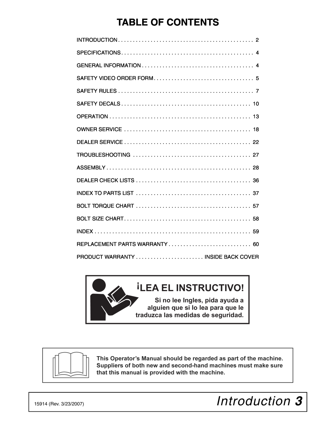 Woods Equipment MD80-2 manual Introduction, Table Of Contents, Lea El Instructivo 