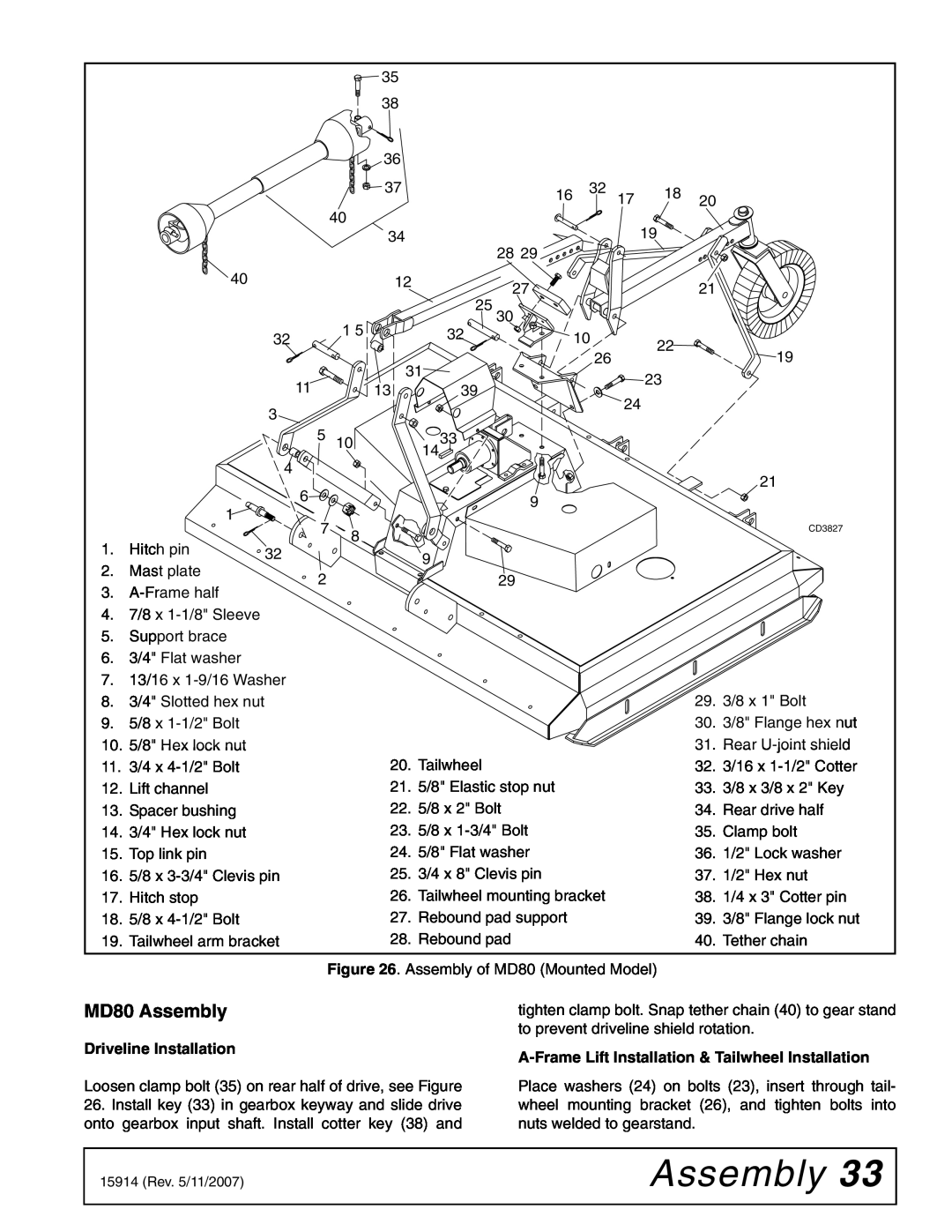 Woods Equipment MD80-2 MD80 Assembly, Driveline Installation, A-FrameLift Installation & Tailwheel Installation 
