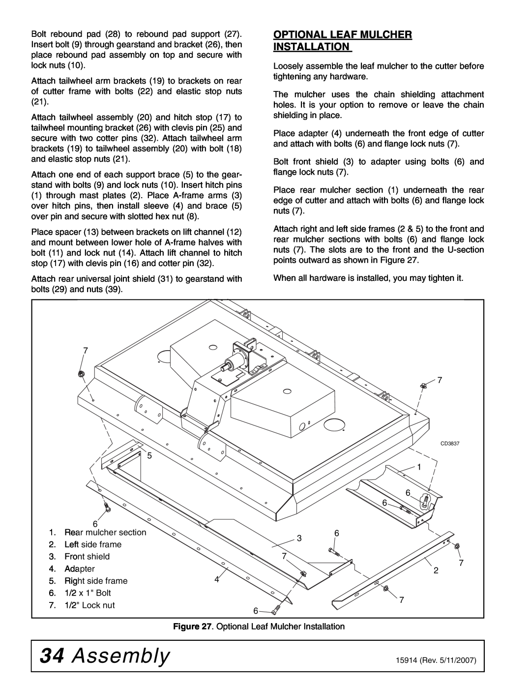 Woods Equipment MD80-2 manual Assembly, Optional Leaf Mulcher Installation 