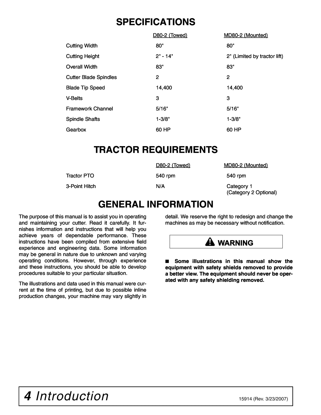 Woods Equipment MD80-2 manual Introduction, Specifications, Tractor Requirements, General Information 