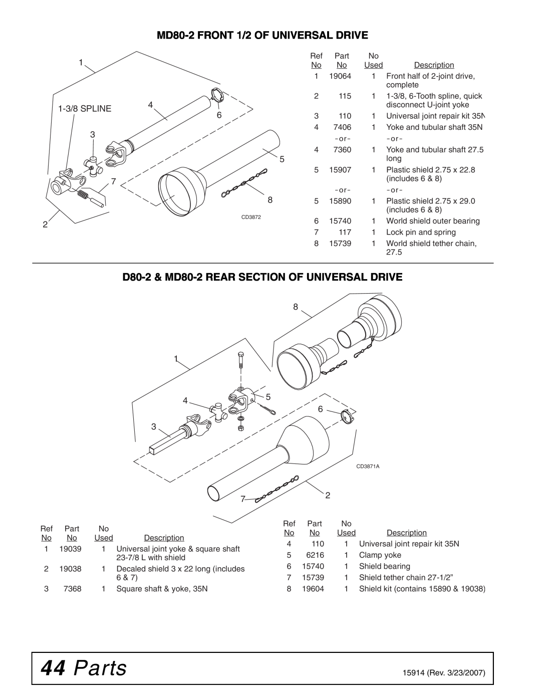 Woods Equipment manual Parts, MD80-2FRONT 1/2 OF UNIVERSAL DRIVE, D80-2& MD80-2REAR SECTION OF UNIVERSAL DRIVE 