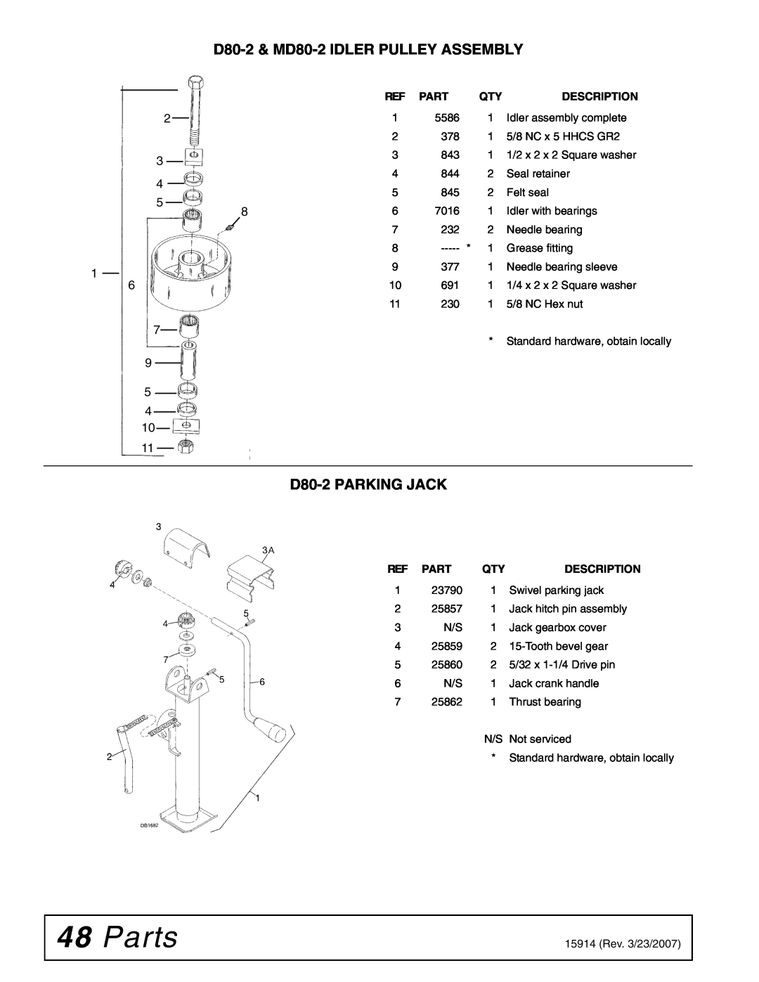 Woods Equipment manual Parts, D80-2& MD80-2IDLER PULLEY ASSEMBLY, D80-2PARKING JACK, Description 