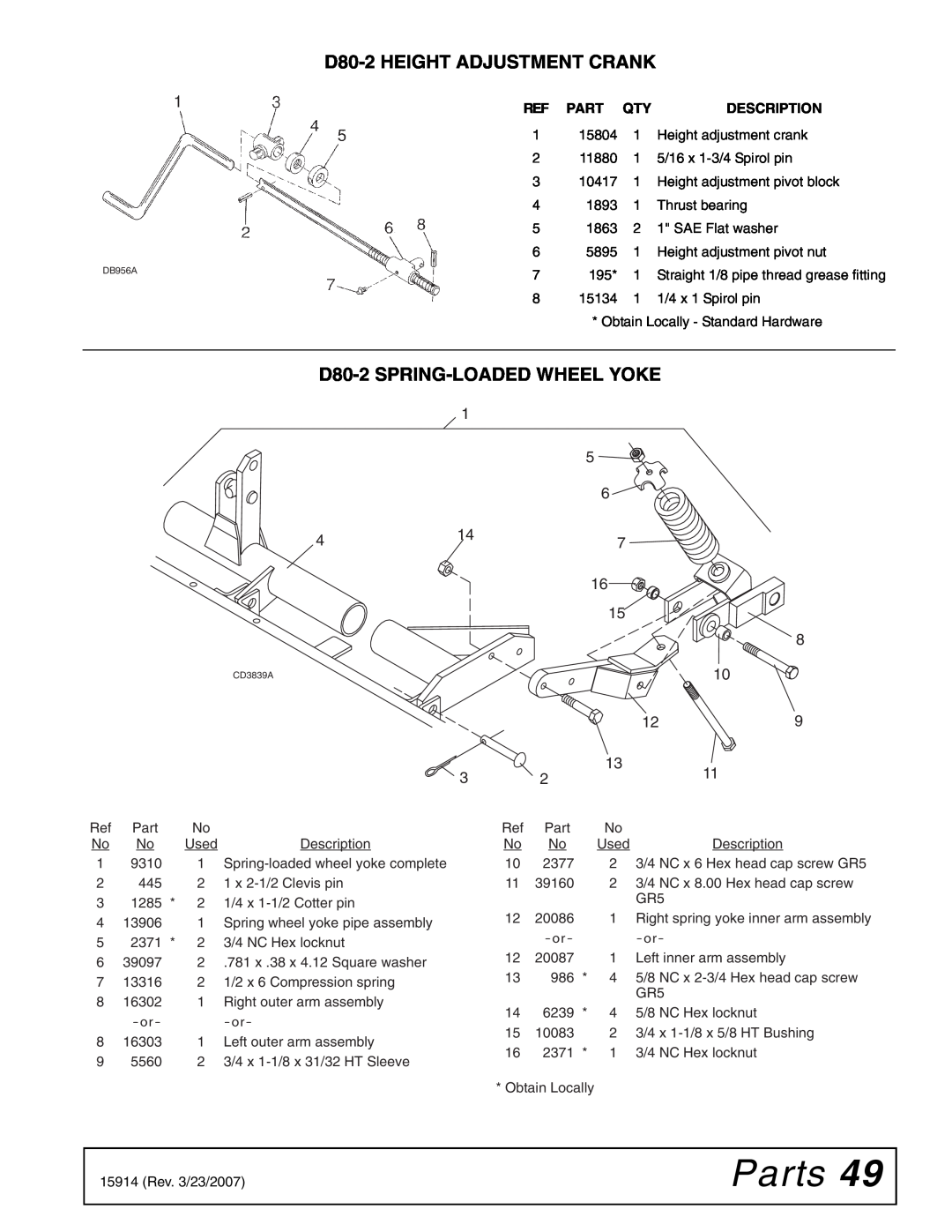 Woods Equipment MD80-2 manual Parts, D80-2HEIGHT ADJUSTMENT CRANK, D80-2 SPRING-LOADEDWHEEL YOKE, or - - or 