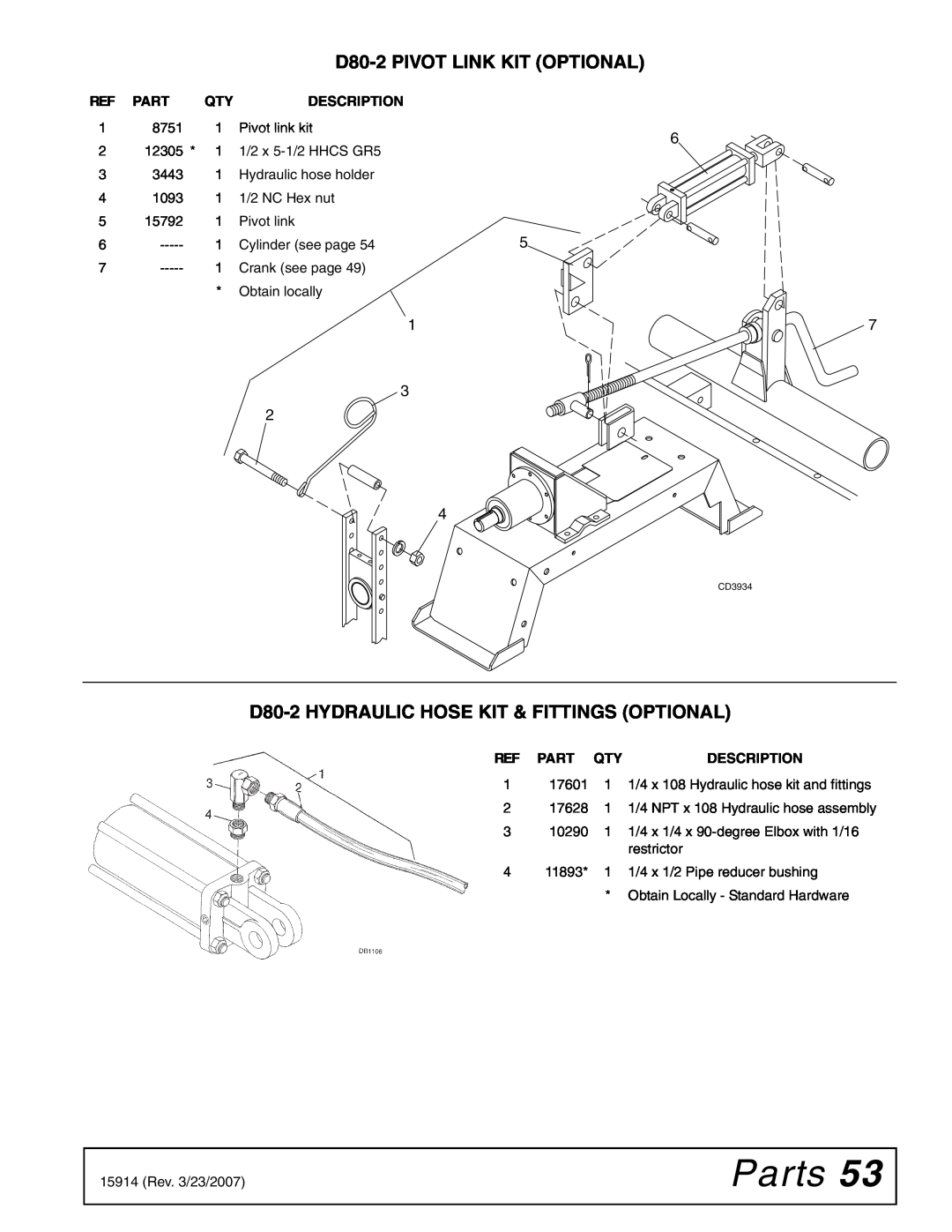Woods Equipment MD80-2 Parts, D80-2PIVOT LINK KIT OPTIONAL, D80-2HYDRAULIC HOSE KIT & FITTINGS OPTIONAL, Description 