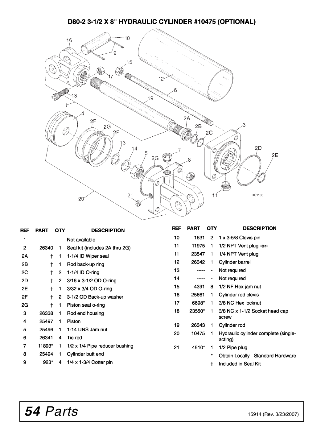 Woods Equipment MD80-2 manual Parts, D80-2 3-1/2X 8 HYDRAULIC CYLINDER #10475 OPTIONAL, Description 