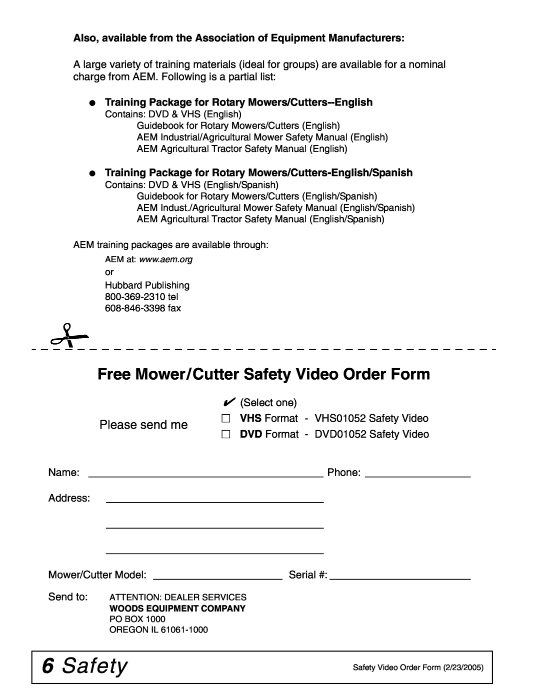 Woods Equipment MD80-2 manual 6Safety, Free Mower/Cutter Safety Video Order Form, Please send me 