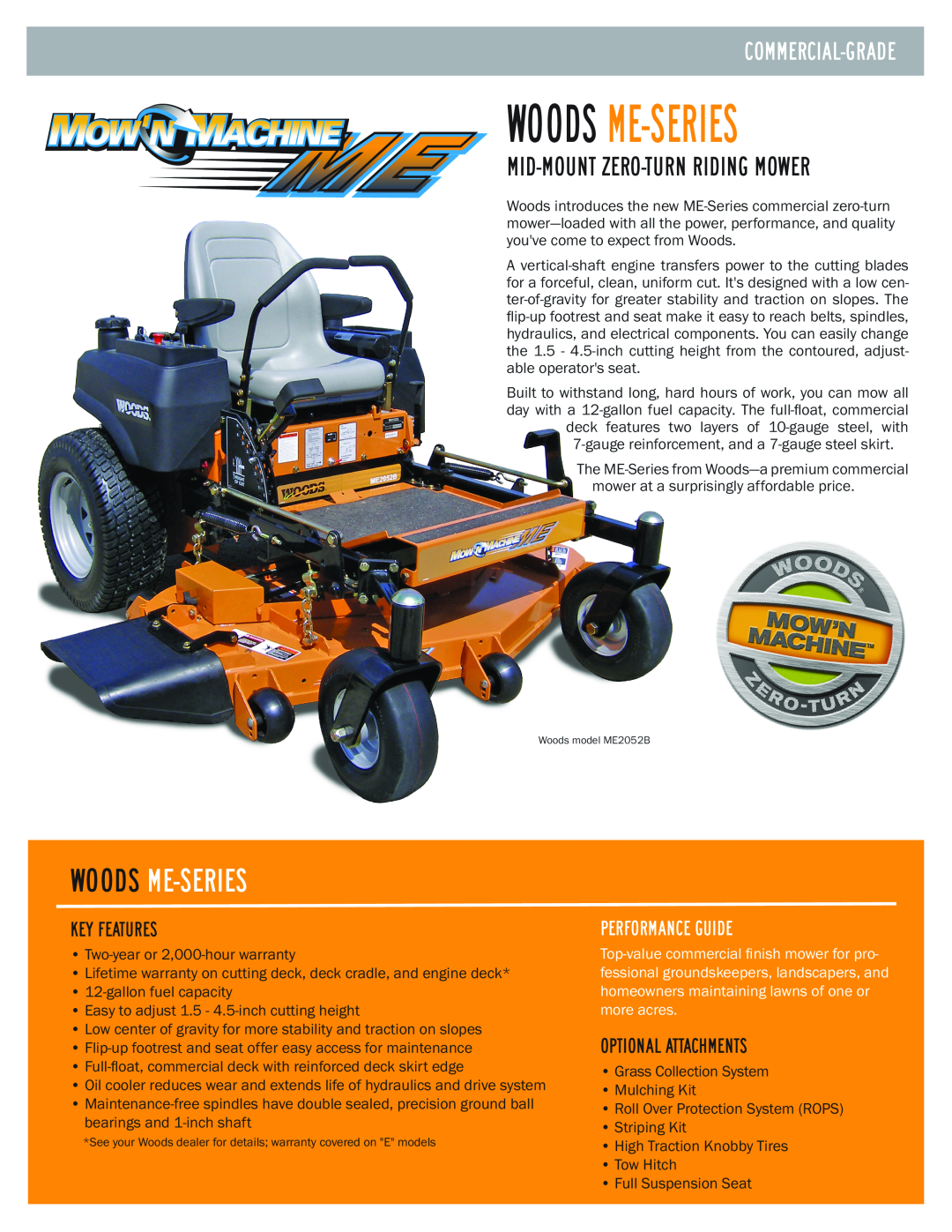 Woods Equipment ME2052B warranty commercial-GRADE, Key Features, performance guide, Optional Attachments, Woods ME-Series 