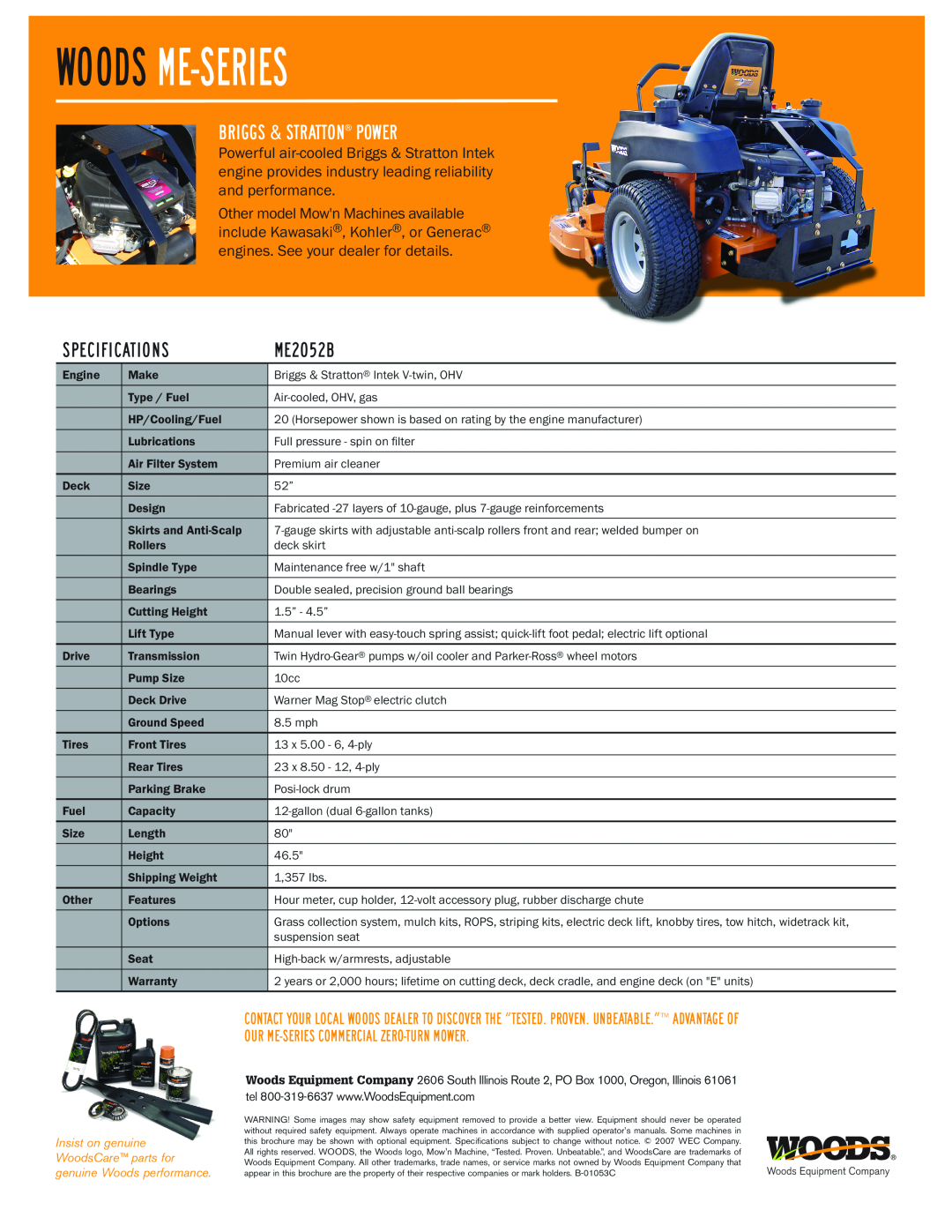 Woods Equipment ME2052B warranty Briggs & Stratton power, Specifications, WOODS Me-SERIES 