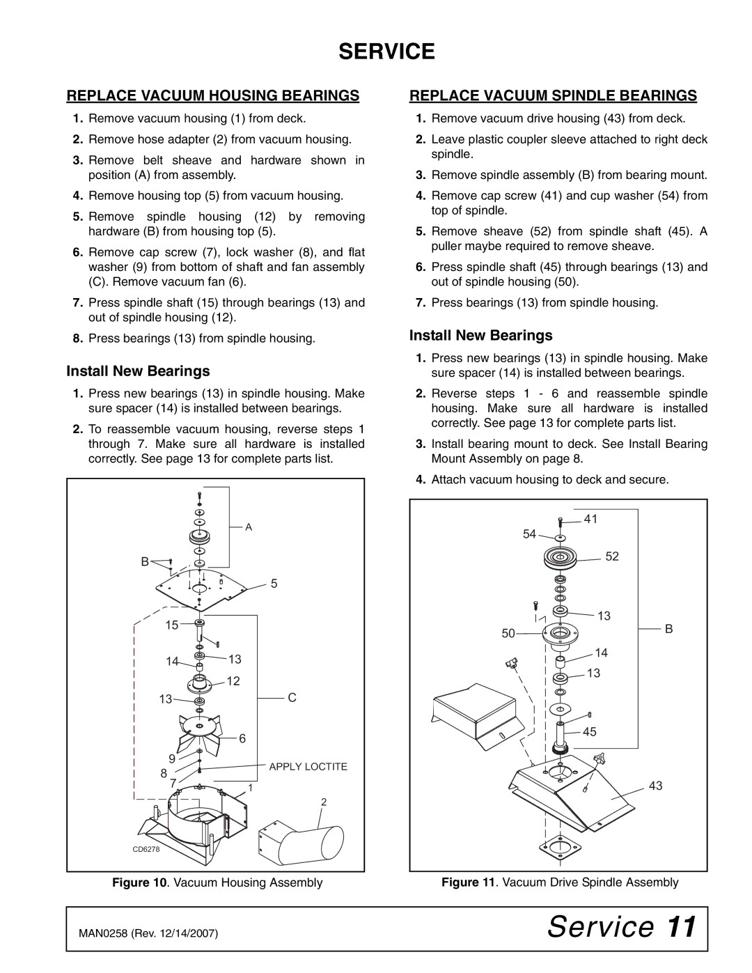 Woods Equipment MX61, MX54 manual Service, Replace Vacuum Housing Bearings, Replace Vacuum Spindle Bearings 