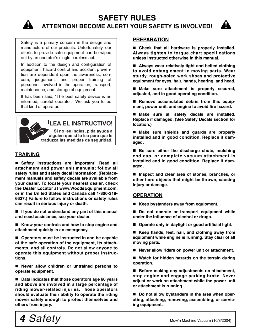 Woods Equipment MX54, MX61 manual Safety Rules, Training, Preparation, Operation 