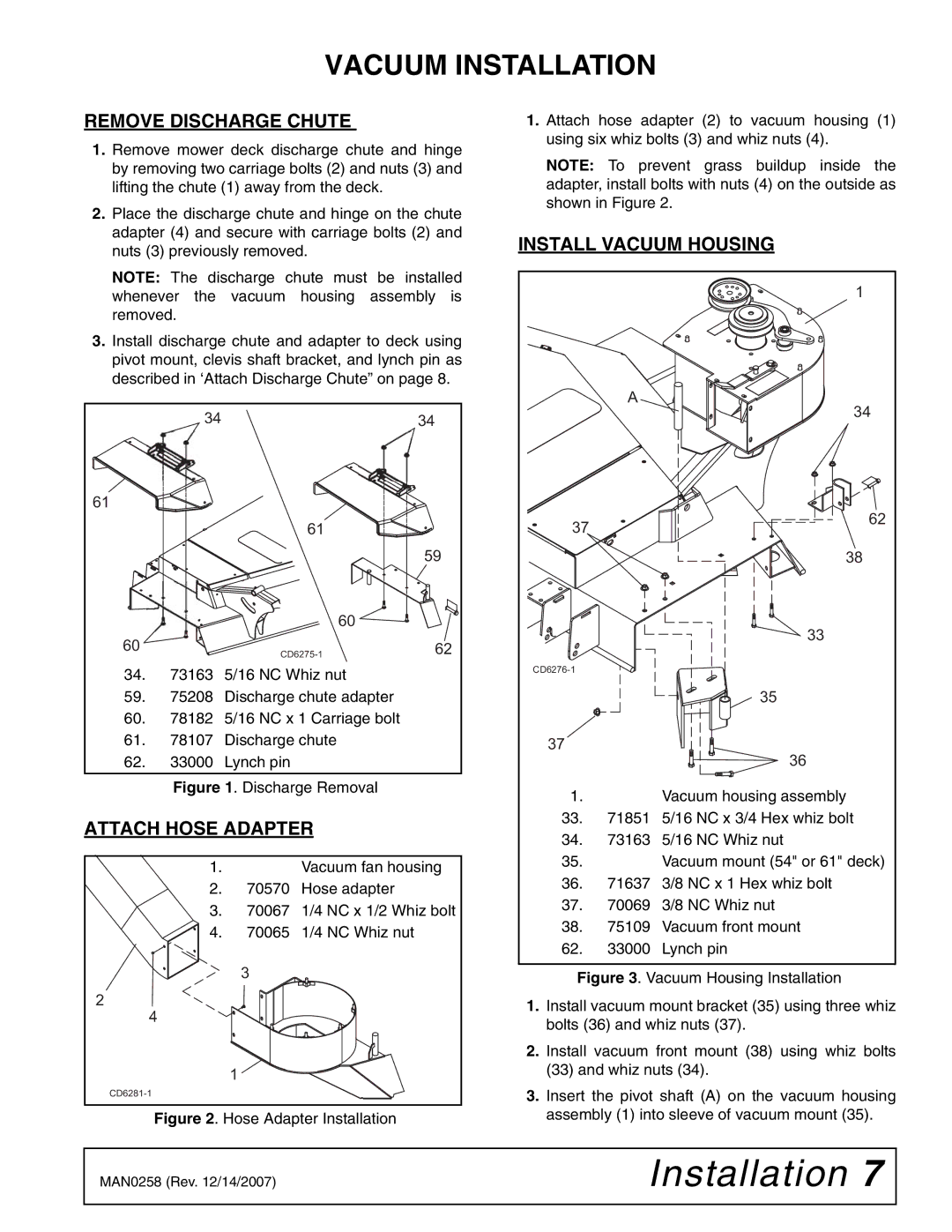 Woods Equipment MX61, MX54 Vacuum Installation, Remove Discharge Chute, Install Vacuum Housing, Attach Hose Adapter 