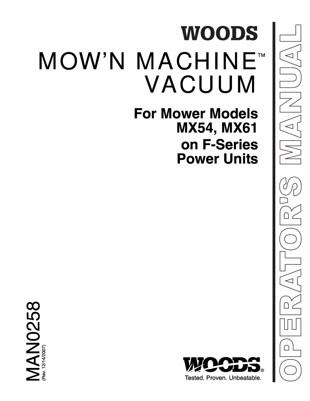 Woods Equipment manual Mow’N Machinetm Vacuum, MAN0258, For Mower Models MX54, MX61 on F-Series, Power Units 