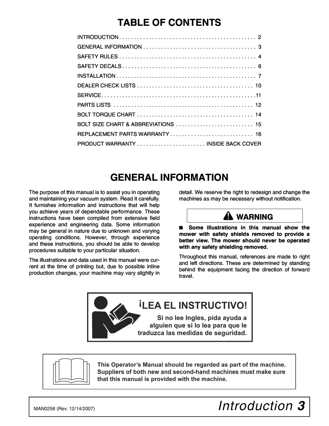 Woods Equipment MX61, MX54 manual Introduction, Table Of Contents, General Information 