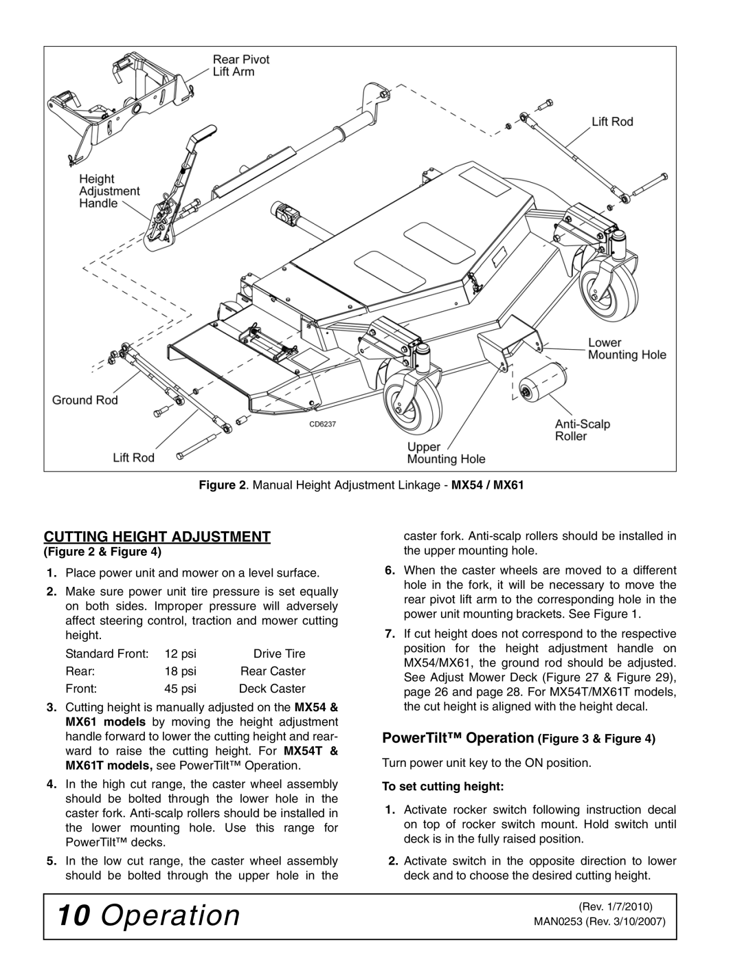 Woods Equipment MX61T, MX54T manual Cutting Height Adjustment, PowerTilt Operation & Figure 