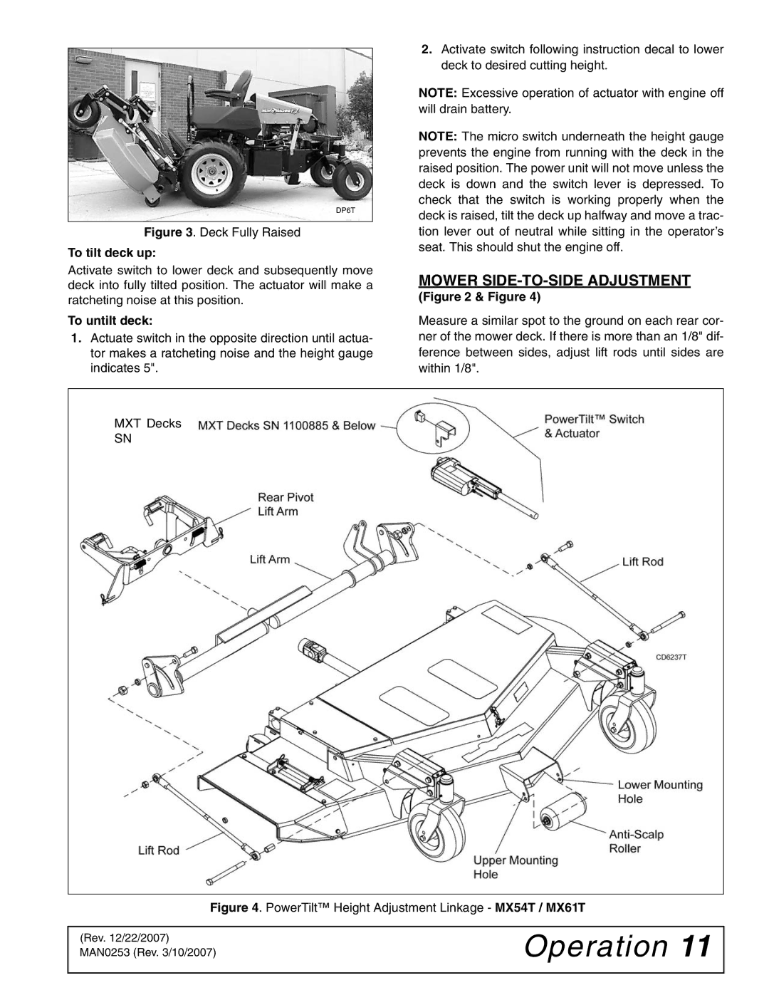 Woods Equipment MX54T, MX61T manual Mower SIDE-TO-SIDE Adjustment, To tilt deck up 