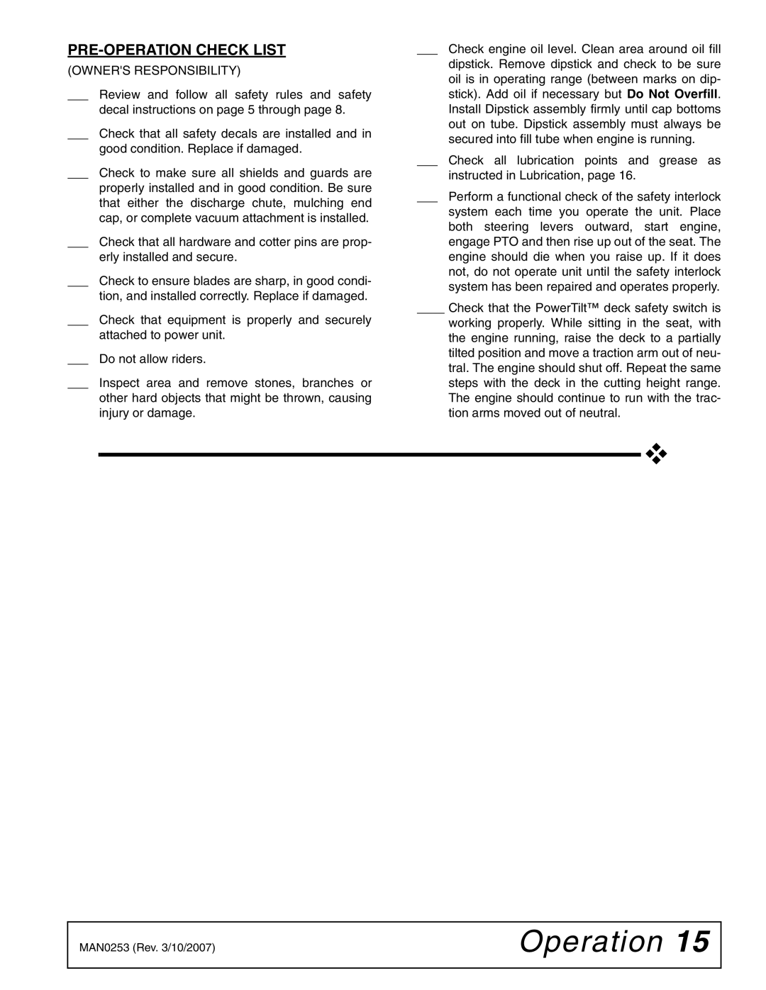 Woods Equipment MX54T, MX61T manual PRE-OPERATION Check List, Owners Responsibility 