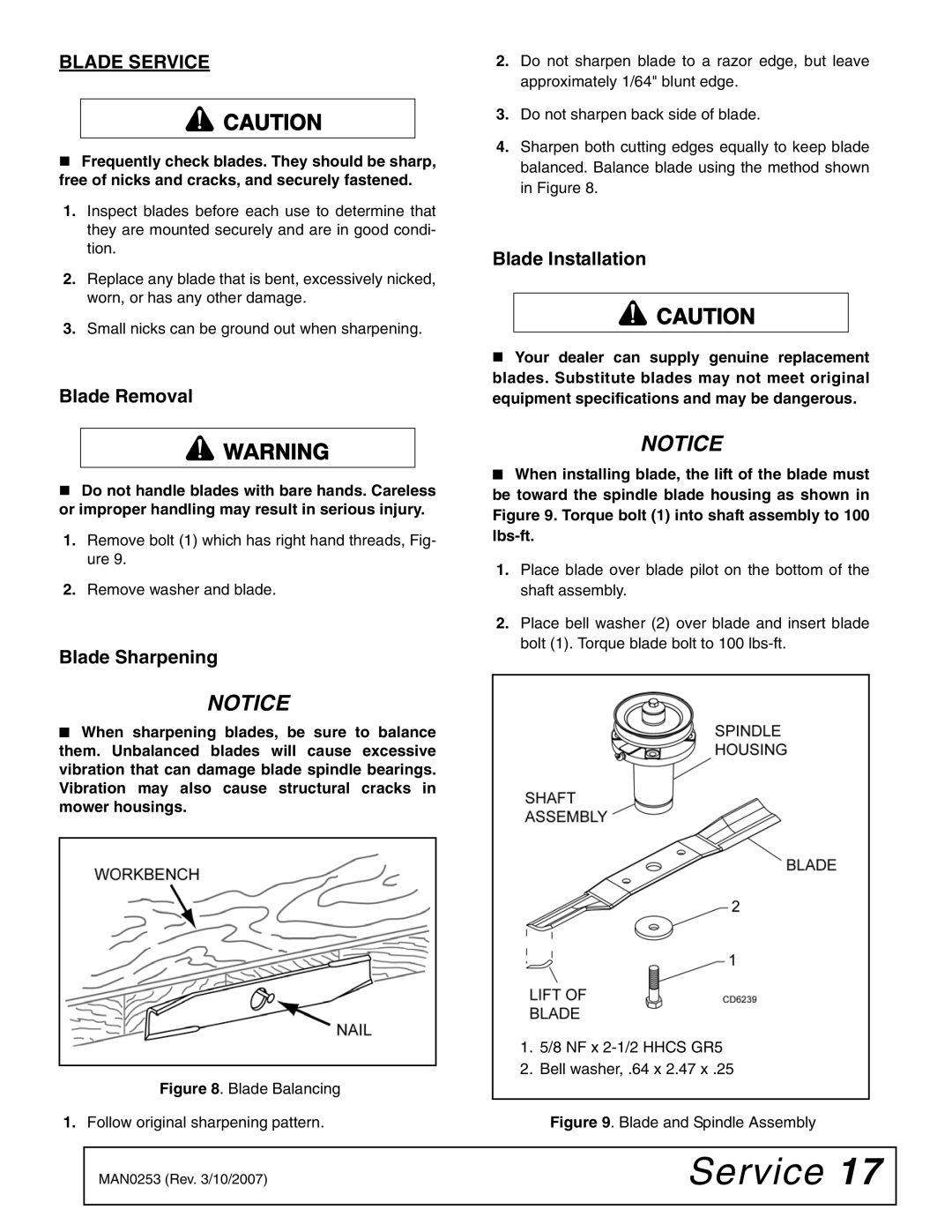 Woods Equipment MX54T, MX61T manual Blade Service, Blade Removal, Blade Sharpening, Blade Installation 