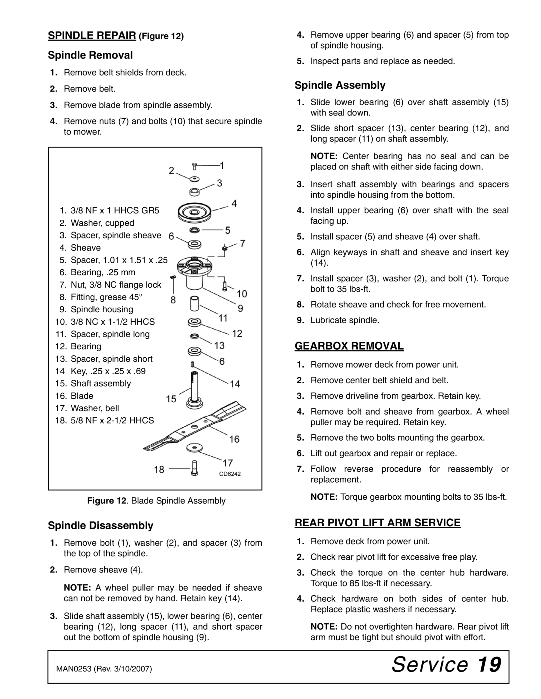 Woods Equipment MX54T, MX61T Spindle Repair Figure Spindle Removal, Spindle Disassembly, Spindle Assembly, Gearbox Removal 