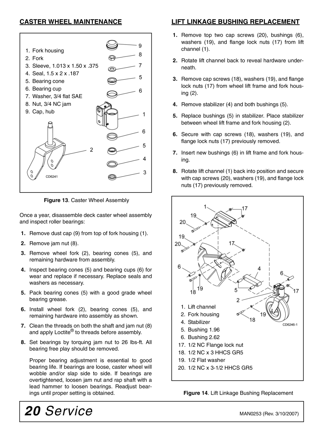 Woods Equipment MX61T, MX54T manual Caster Wheel Maintenance, Lift Linkage Bushing Replacement 