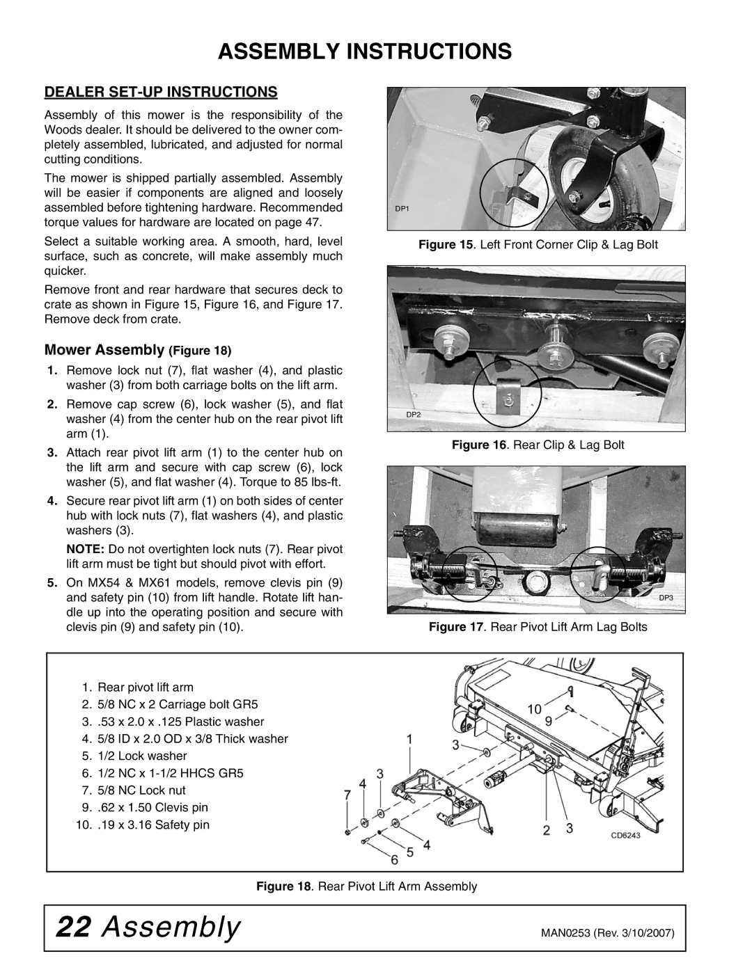 Woods Equipment MX61T, MX54T manual Assembly Instructions, Dealer SET-UP Instructions, Mower Assembly Figure 