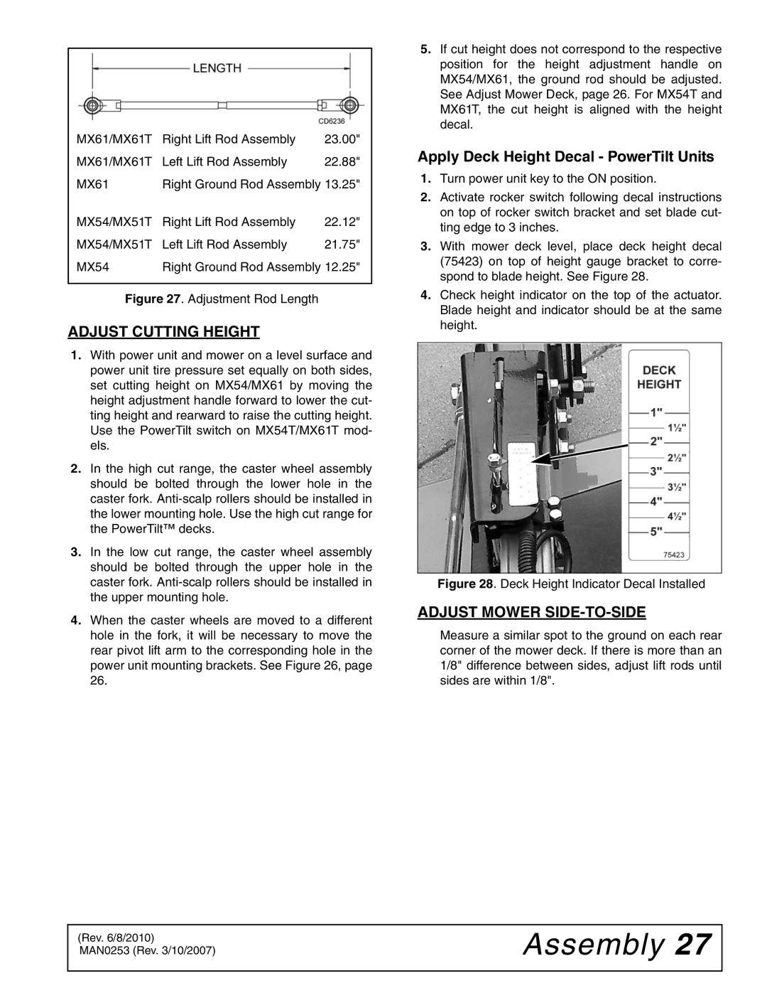 Woods Equipment MX54T, MX61T Adjust Cutting Height, Apply Deck Height Decal PowerTilt Units, Adjust Mower SIDE-TO-SIDE 