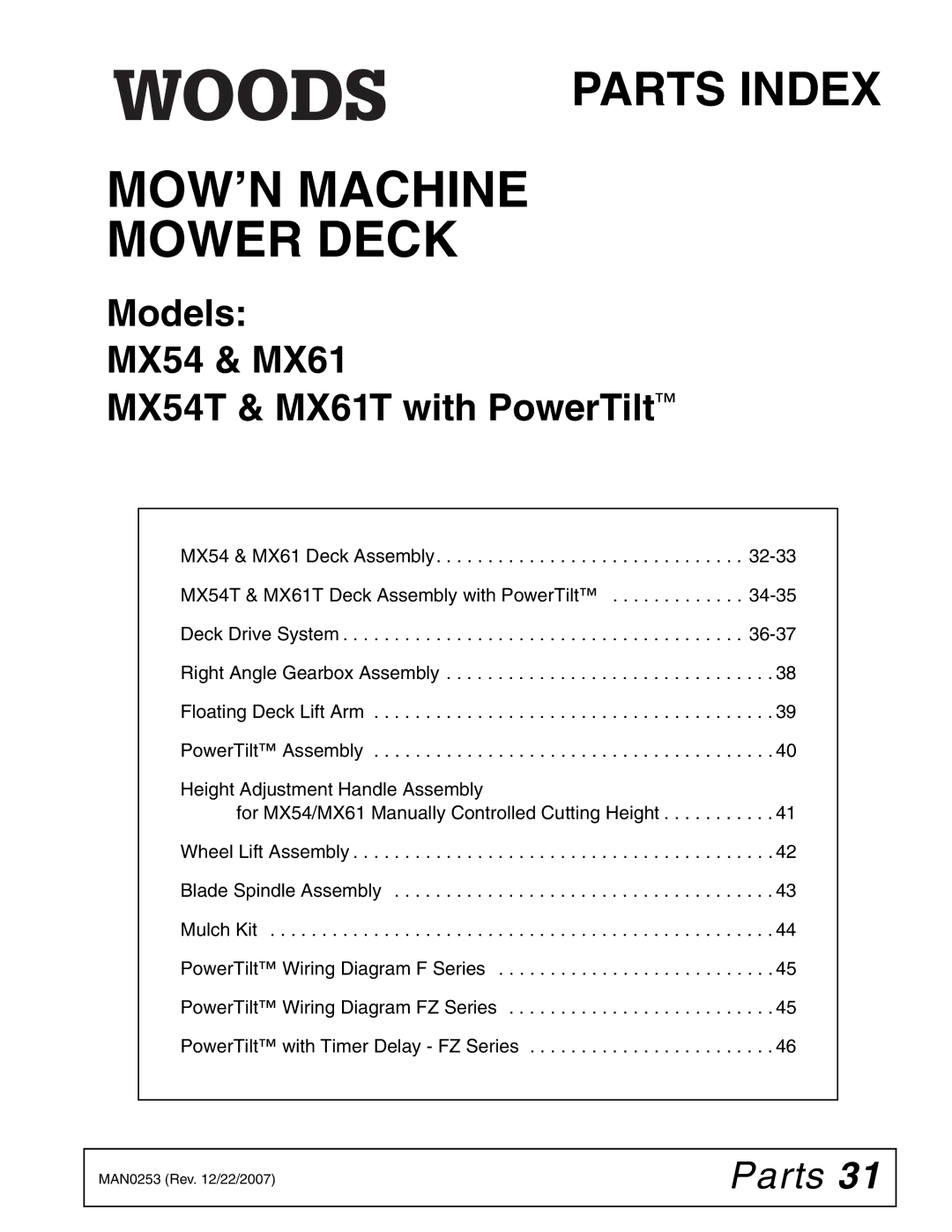 Woods Equipment MX54T, MX61T manual MOW’N Machine Mower Deck, Parts 