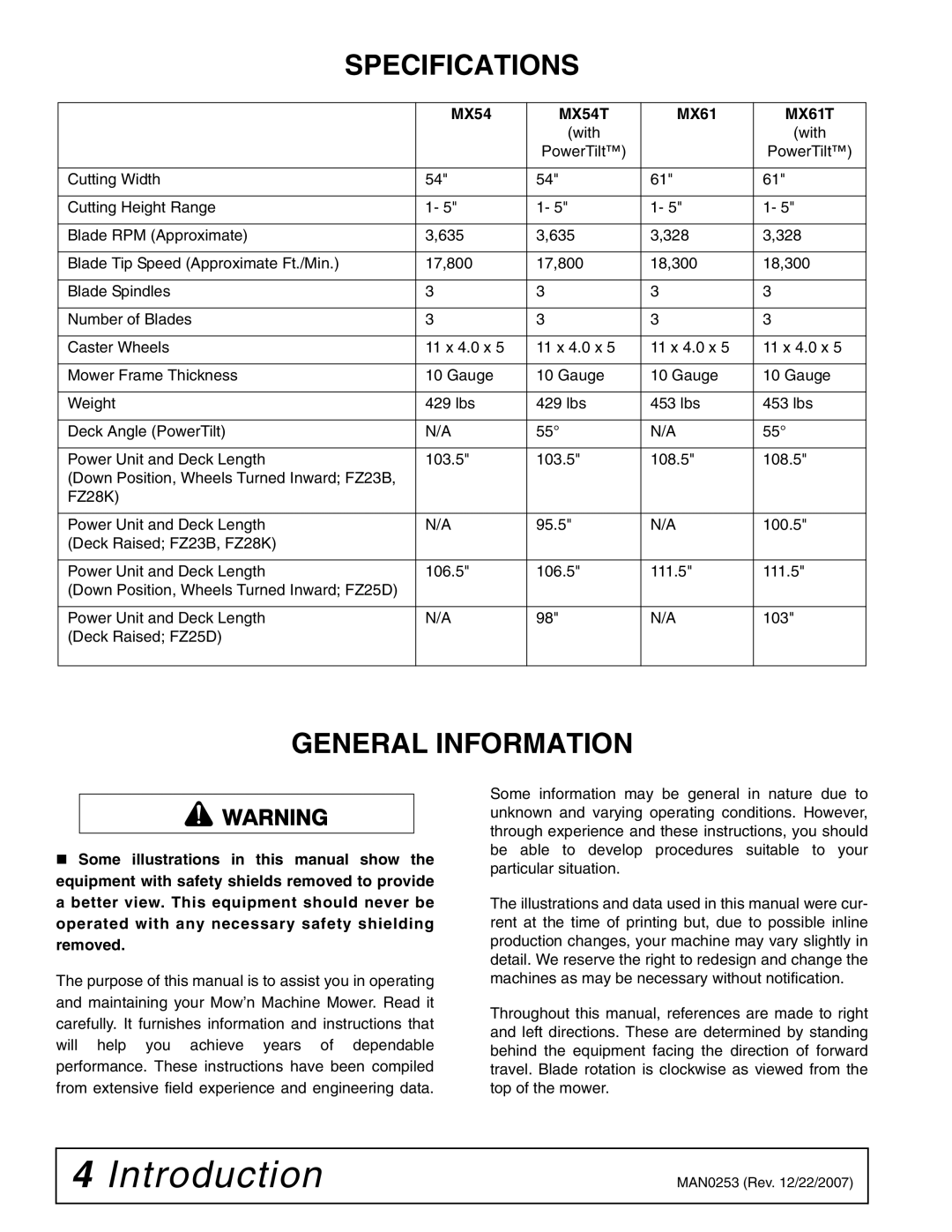 Woods Equipment MX61T, MX54T manual Specifications, General Information 