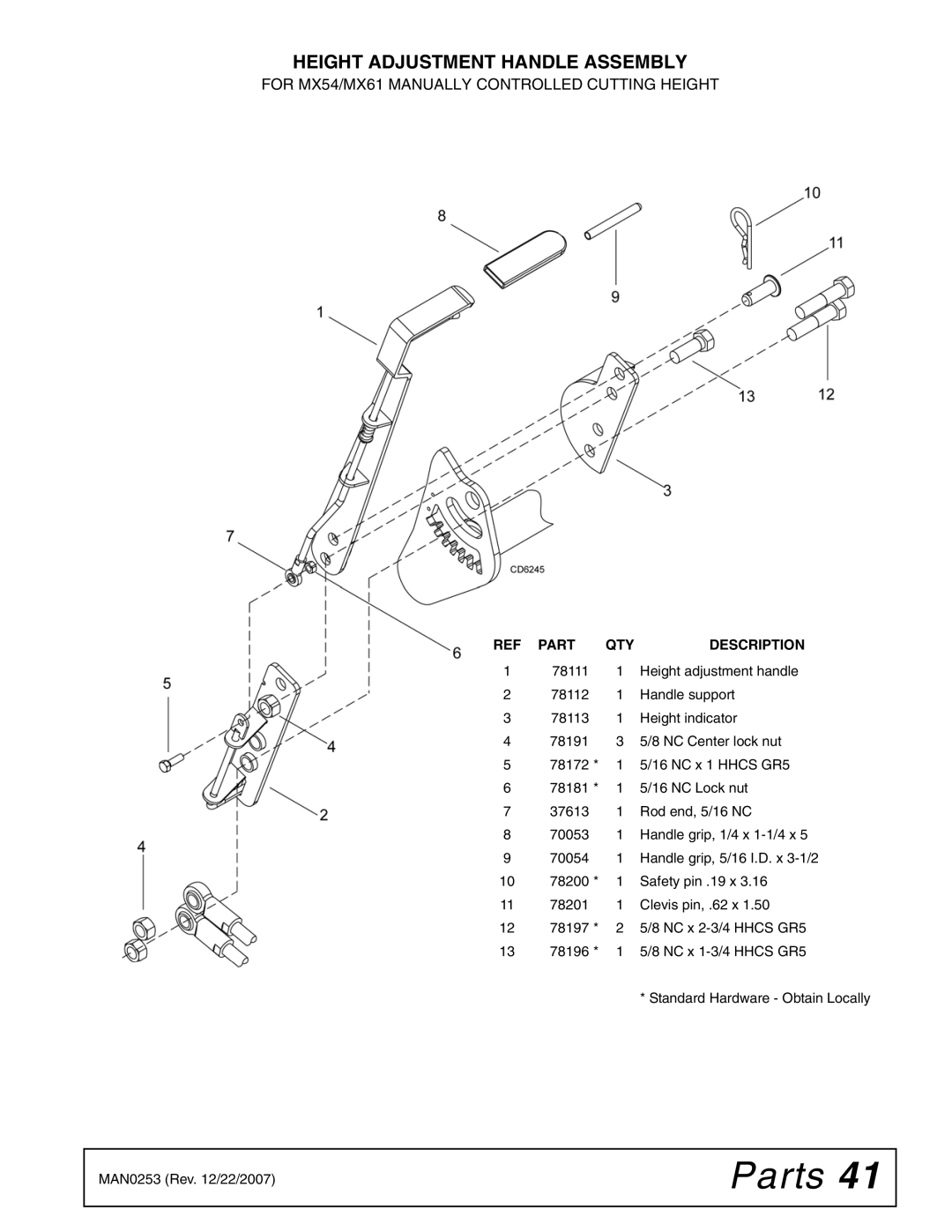 Woods Equipment MX54T, MX61T manual Height Adjustment Handle Assembly, For MX54/MX61 Manually Controlled Cutting Height 