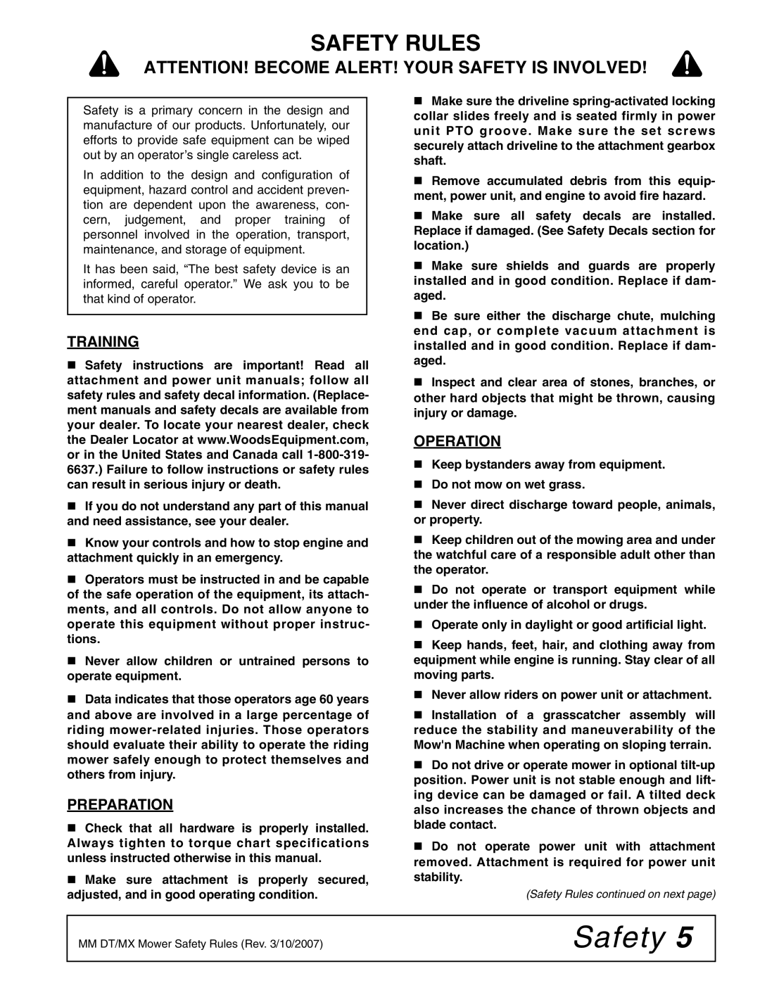 Woods Equipment MX54T, MX61T manual Safety Rules, Training, Preparation, Operation 