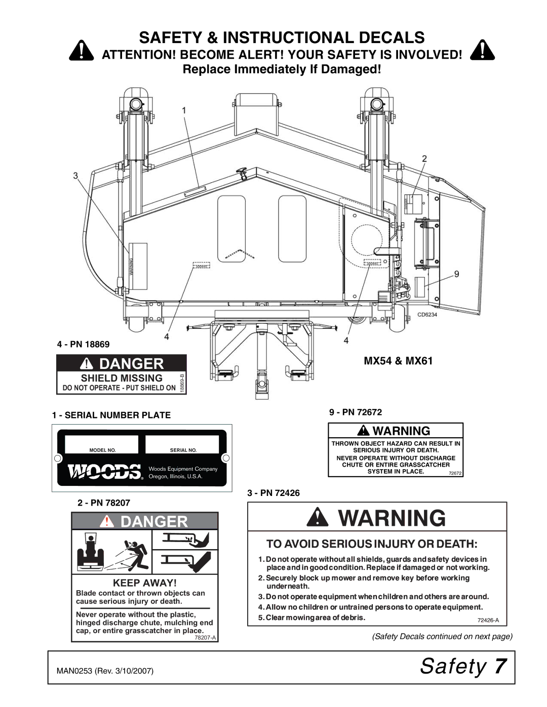 Woods Equipment MX54T, MX61T manual Safety & Instructional Decals, MX54 & MX61 